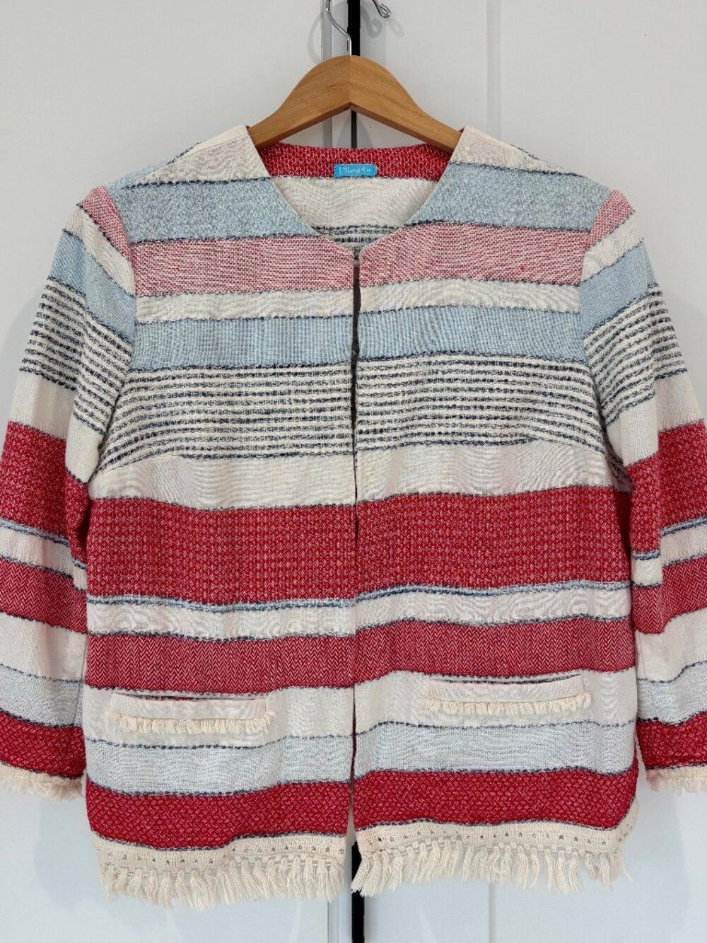 J.McLaughlin Textured Jacket Large Fringe Trim Woven Preppy Statement - Picture 2 of 4